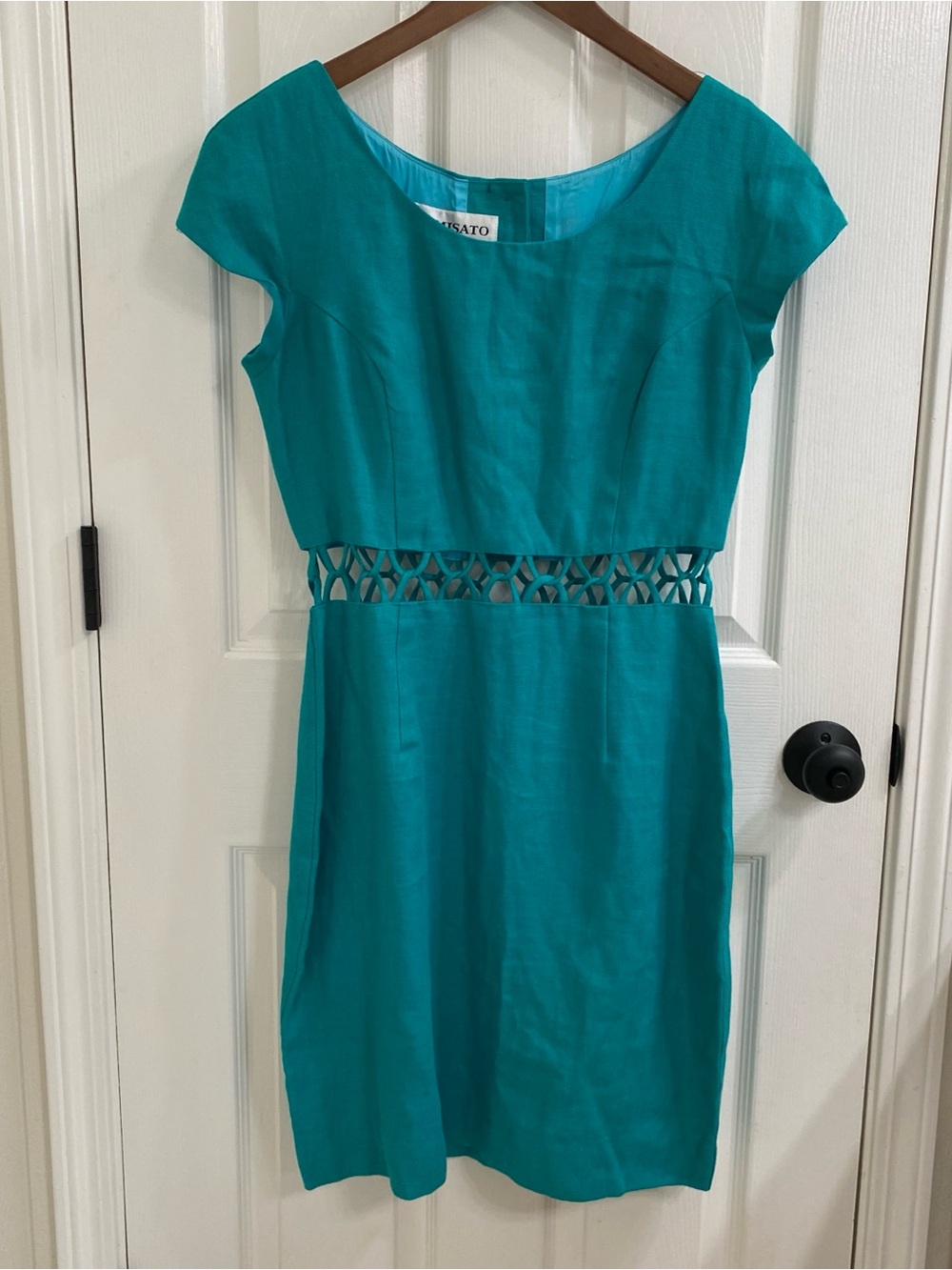 Vintage 80s Geary Roark Kamisato Teal Sheath Dress Sz 12 Lattice Cutout